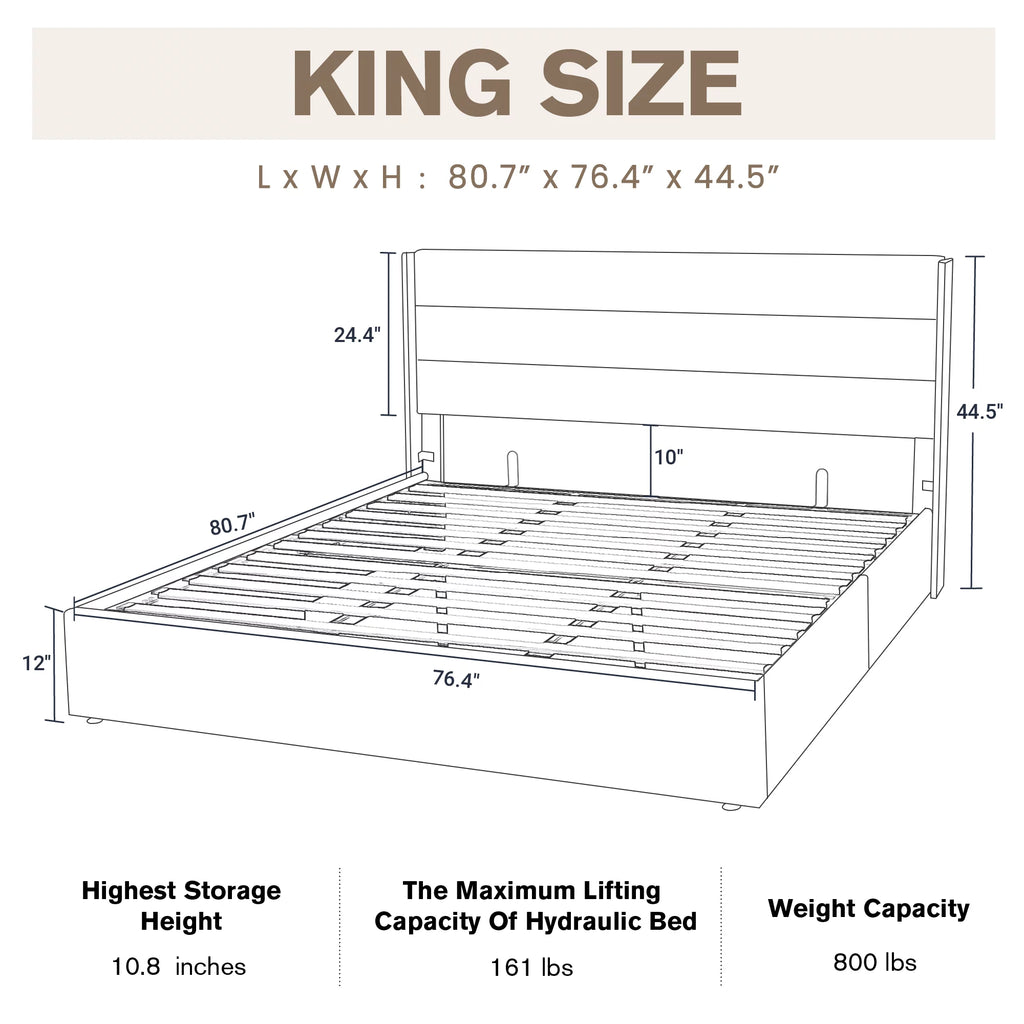 Beige Queen Size Lift Up Platform Bed Frame with Headboard B4458