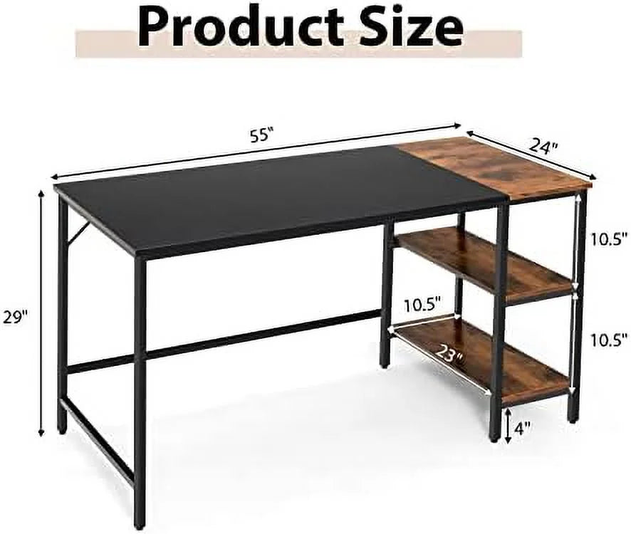 55” Computer Desk with 2-Tier Shelves Black U876