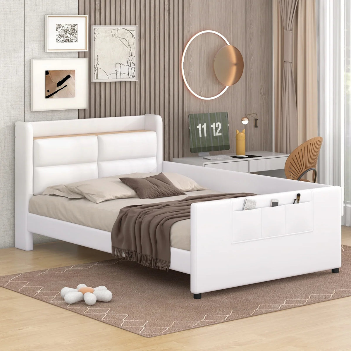 Beige Twin Size Upholstered Platform Bed with Guardrail and Storage Headboard O576609