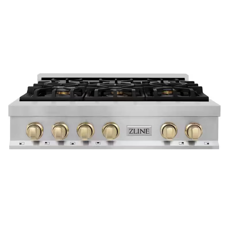 36 in. 6 Burner Gas Cooktop with Gold Knobs in Stainless Steel K890911