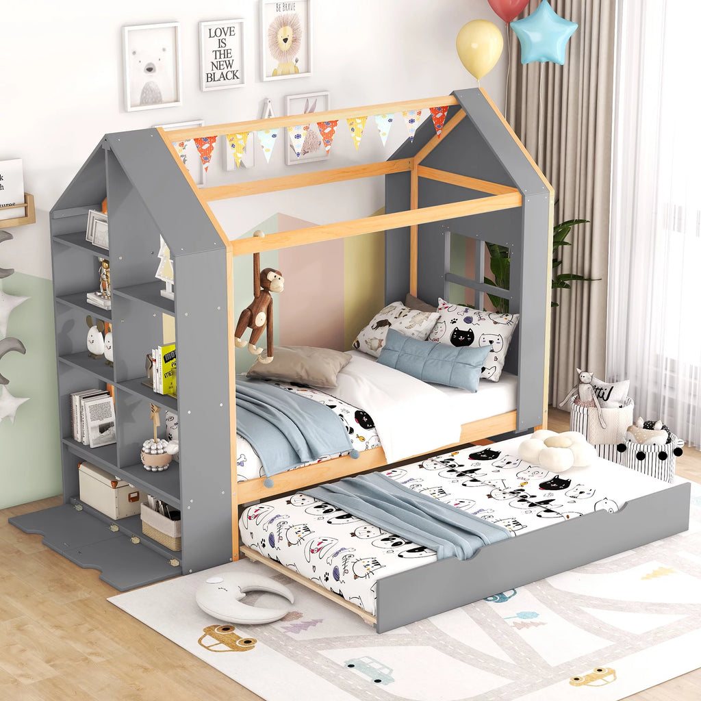 Wood Twin Size House Bed with Trundle I64814