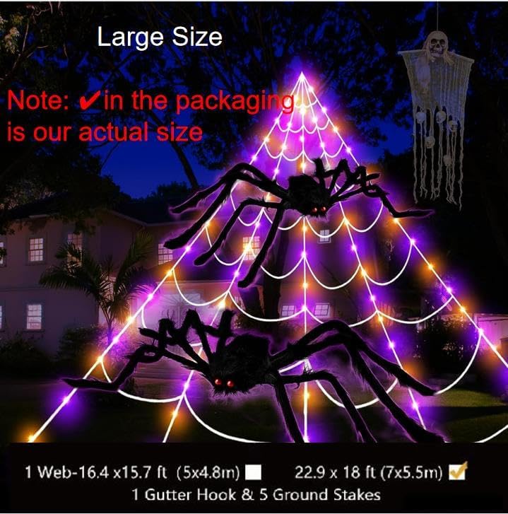 23Ft Orange and Purple LED Light Up Giant Spider Web Halloween Decorations W378