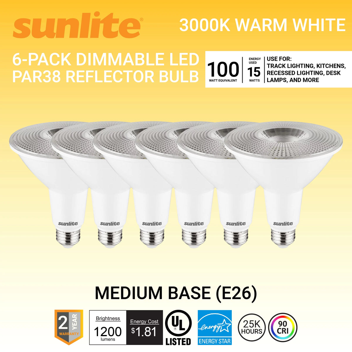 LED PAR38 Long Neck Spotlight Bulb 15 Watts Dimmable 3000K Warm White 6-Pack K151602
