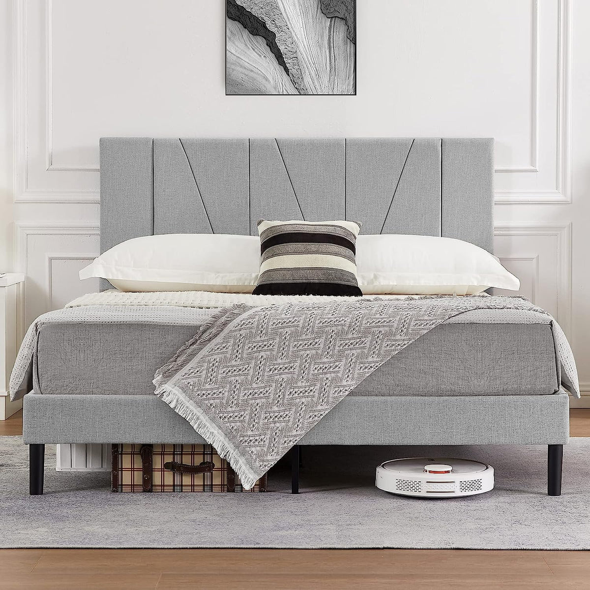 King Size Beige Fabric Upholstered Platform Bed Frame O42538