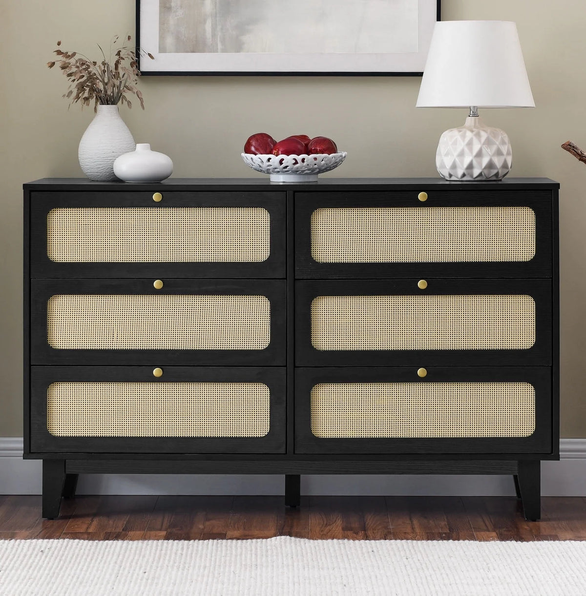 6 Large Drawers Walnut Finish Mid Century Modern Dresser Y852