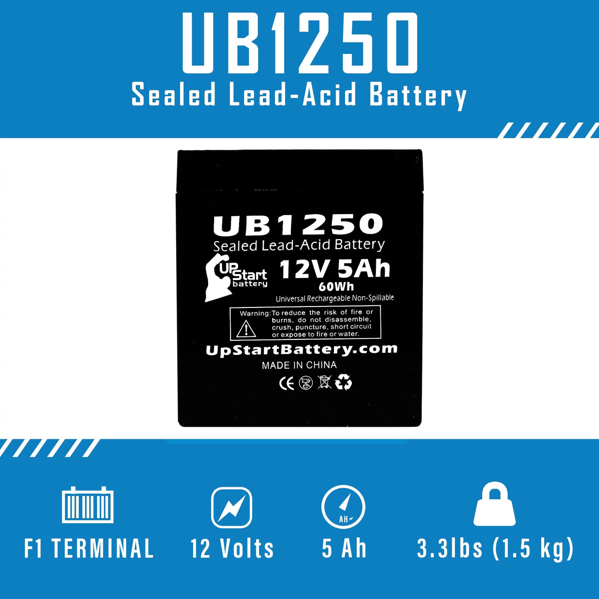 12V 5Ah Sealed Lead Acid Battery with F1 to F2 Terminal Adapters I1368