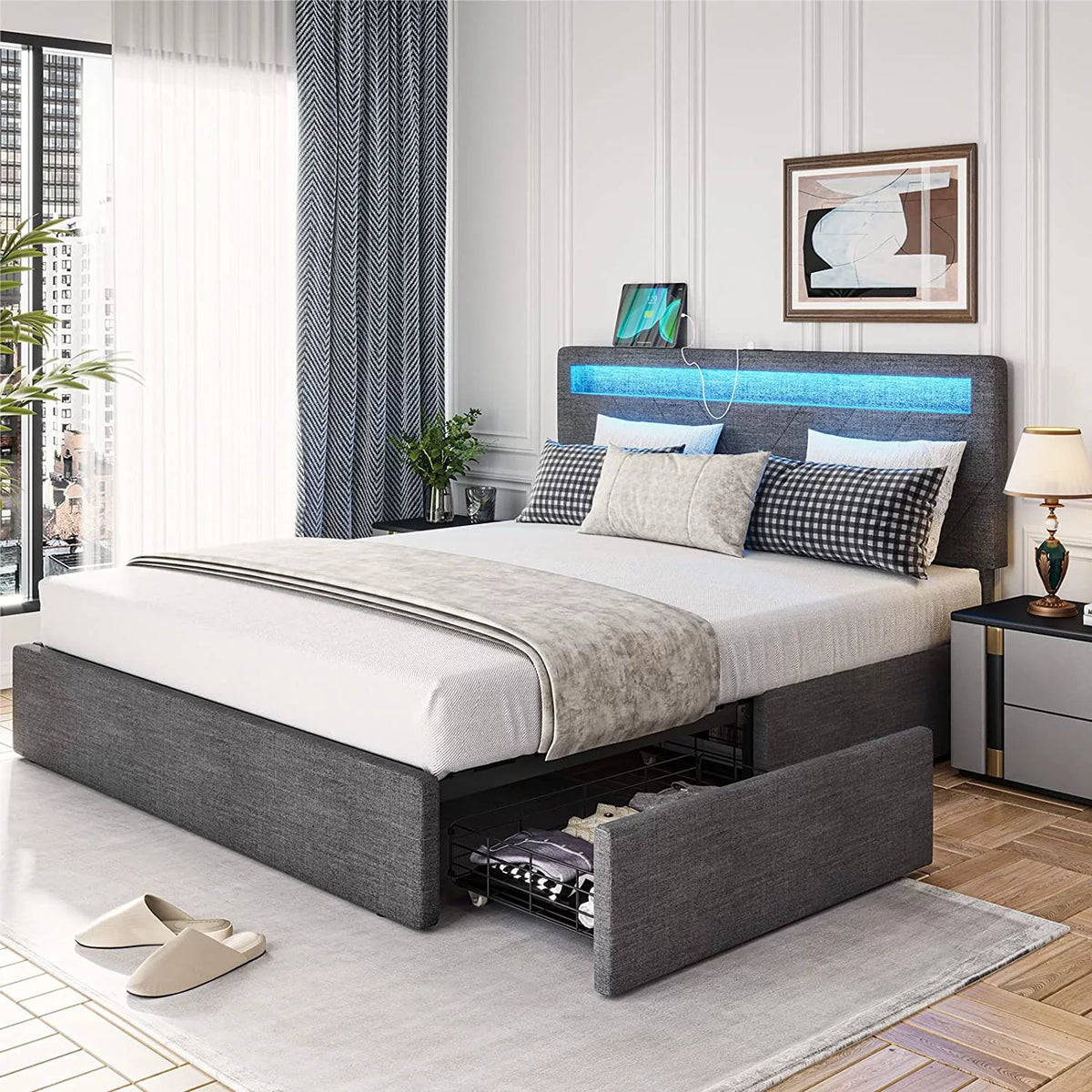 Queen Bed Frame with LED Lights Headboard, 4 Drawers, 2 USB Charging Station, Dark Gray B171