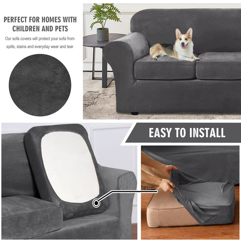 Velvet 3 Piece Stretch Sofa Covers Loveseat Covers Gray D54638