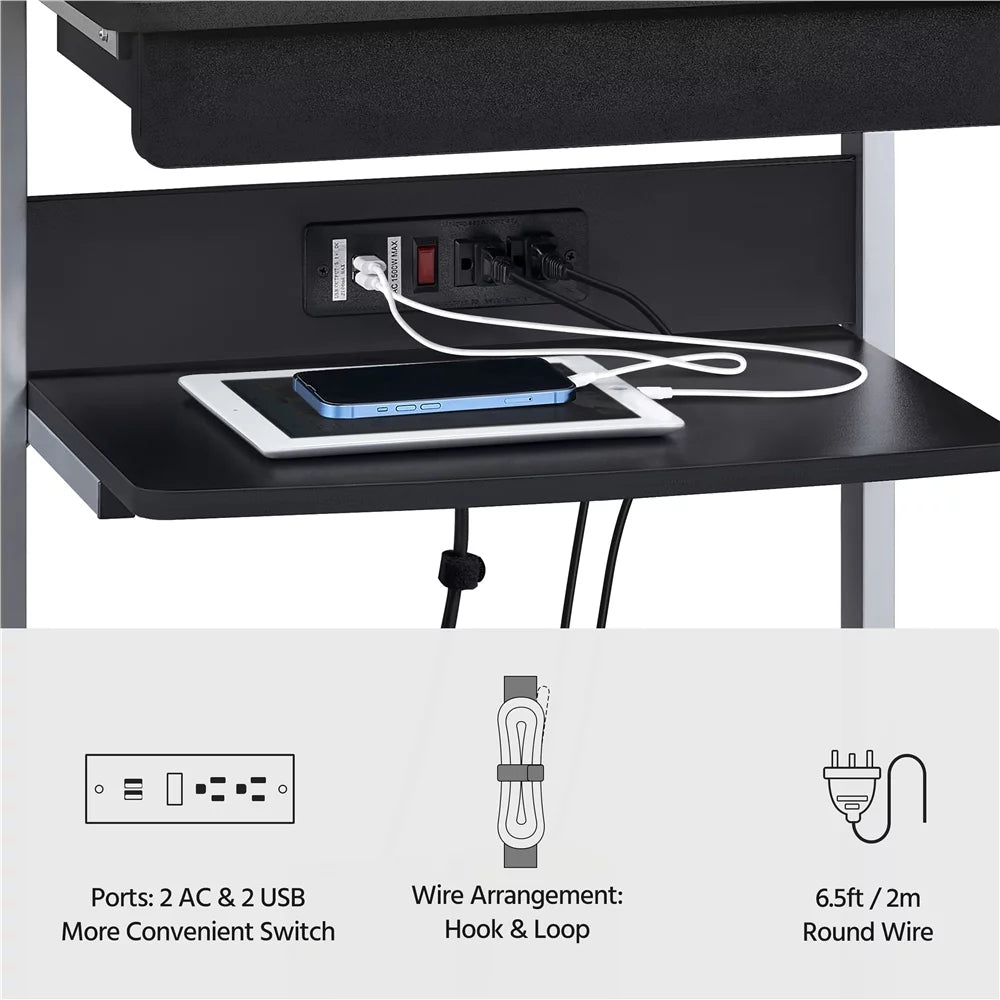 22in Rolling Laptop Computer Desk with Power Outlet, Black U527392
