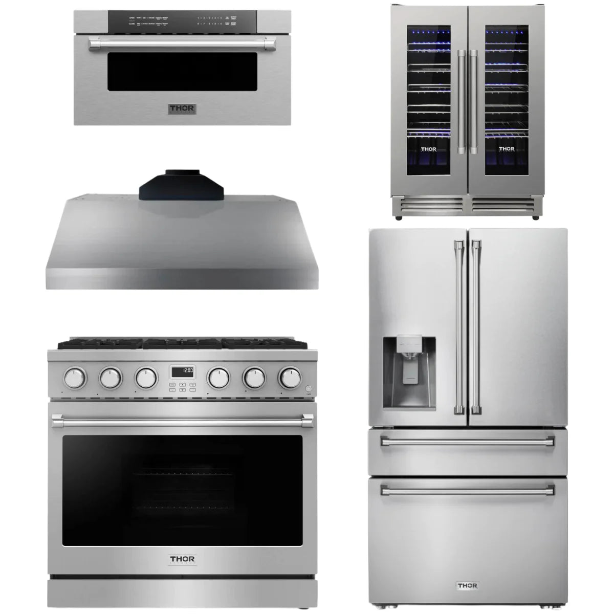 36 Gas Range, Range Hood, Refrigerator, Microwave and Wine Cooler S6366
