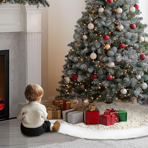 48 Inch White and Gold Faux Fur Plush Velvet Christmas Tree Skirt X4279