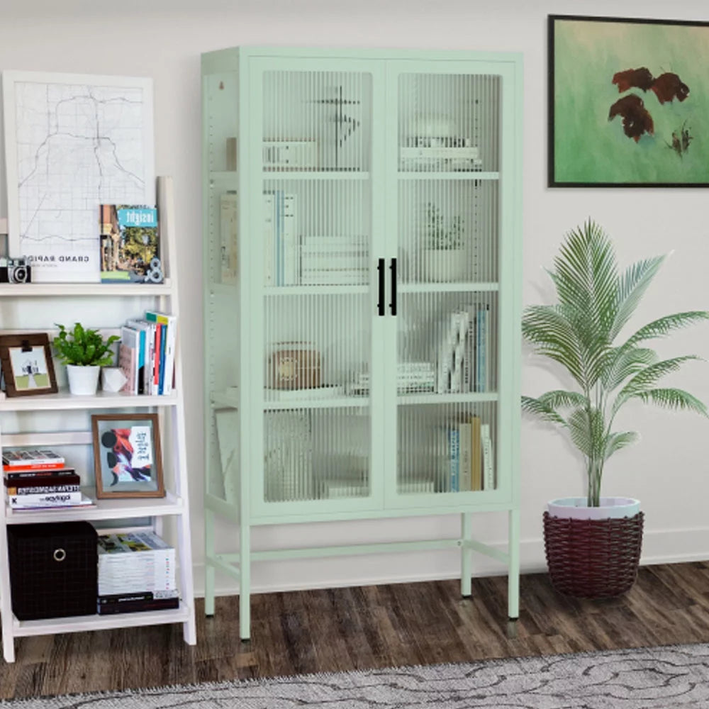 Mint Green Double Glass Door Steel Storage Cabinet Q3401