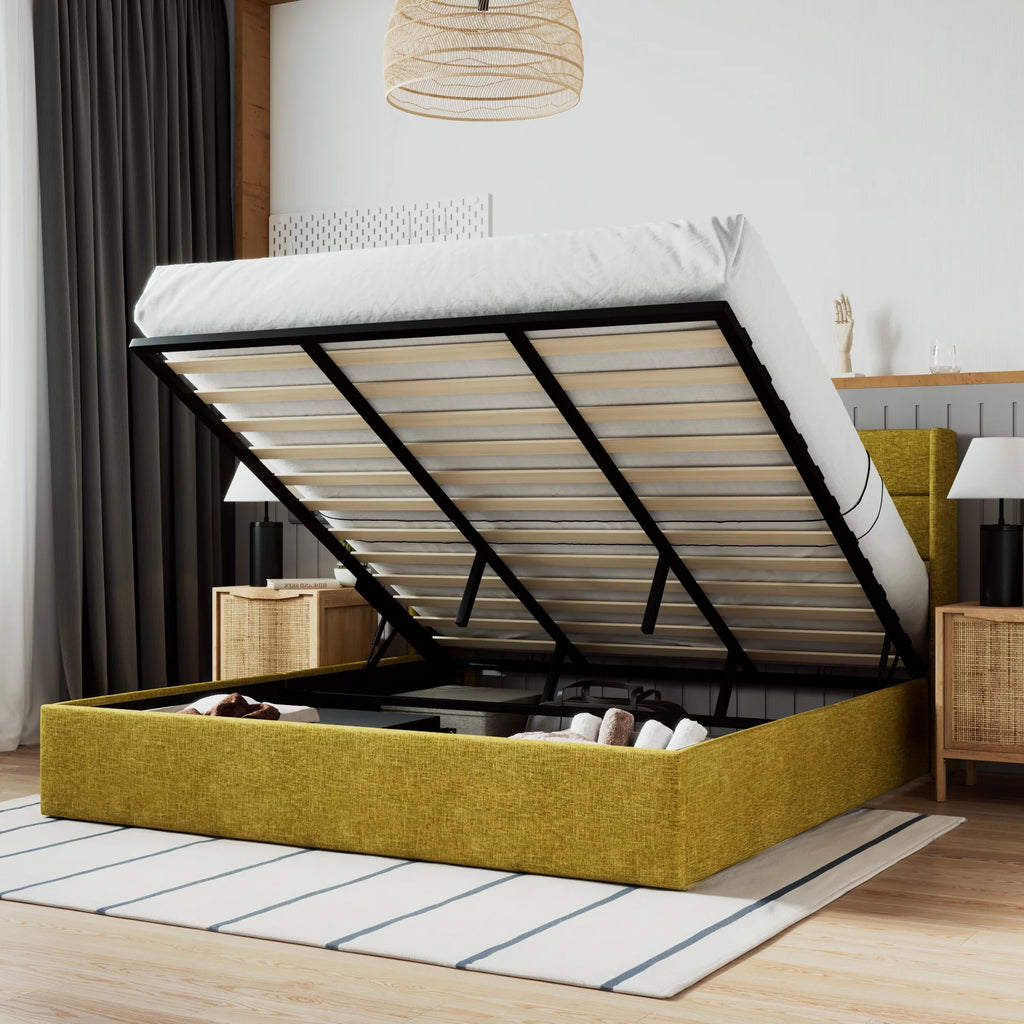 Beige Queen Size Lift Up Platform Bed Frame with Headboard B4458