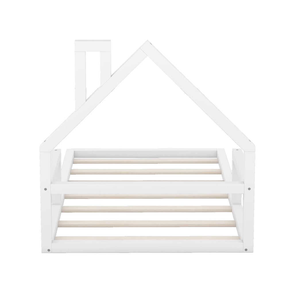 White Twin Size Wood Floor Bed with House-shaped Headboard P1307