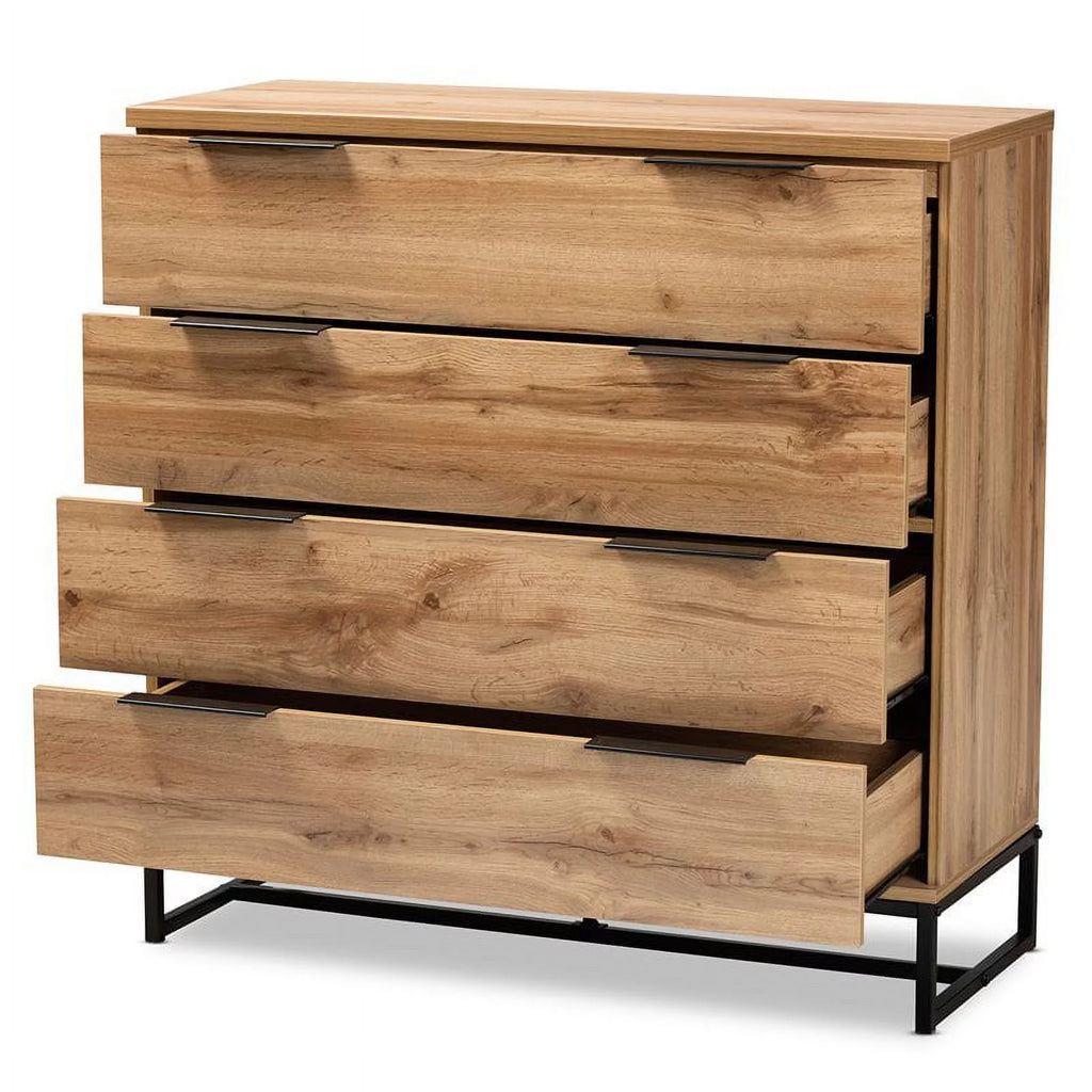Oak Finished Wood Black Metal 4-Drawer Dresser J21843