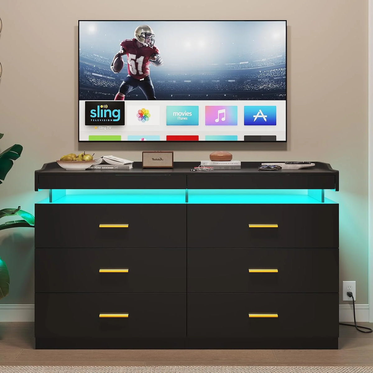 Black 6 Drawer Wood Dresser with 2 Pull-Out Trays O758121