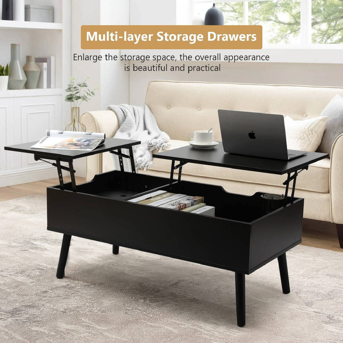 Black Lift Top Coffee Table with Storage V105