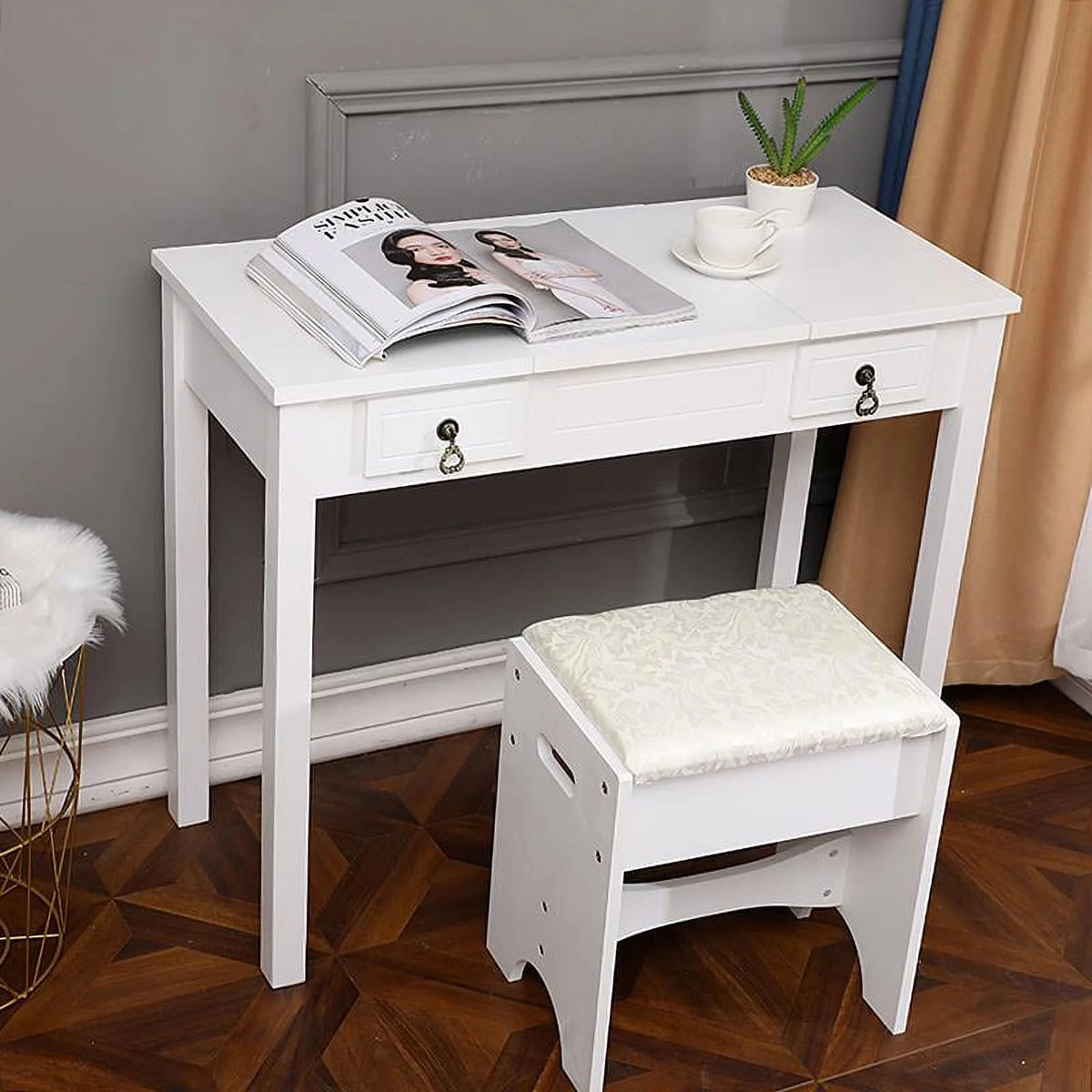 Flip-top Mirror Vanity Set with 2 Drawers and Stool, White E8503