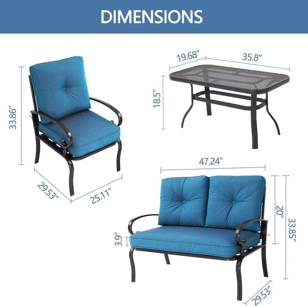 4-Piece Outdoor Furniture Conversation Set with Peacock Blue Cushions T62564