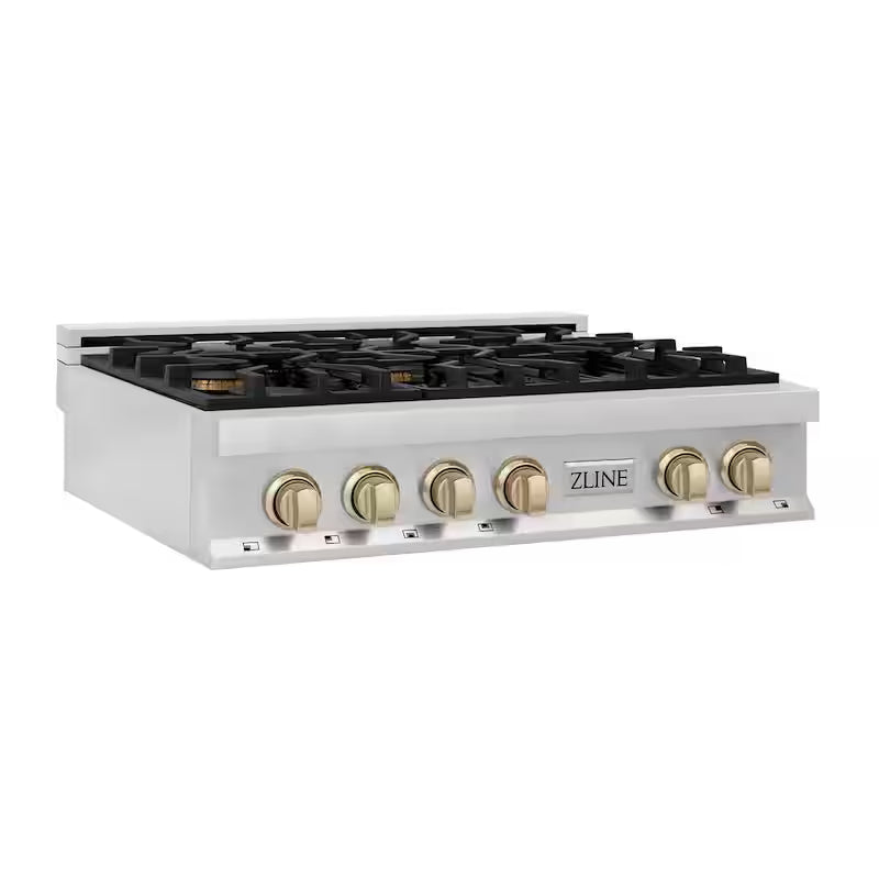 36 in. 6 Burner Gas Cooktop with Gold Knobs in Stainless Steel K890911