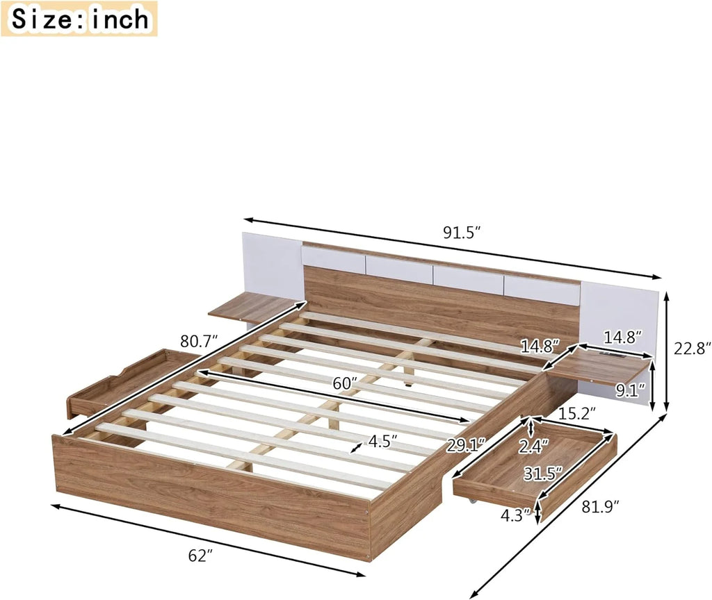 Queen Size Wood Platform Bed with Headboard and Storage D11860