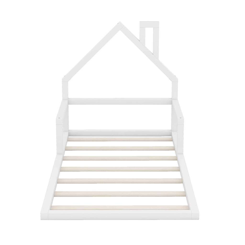 White Twin Size Wood Floor Bed with House-shaped Headboard P1307