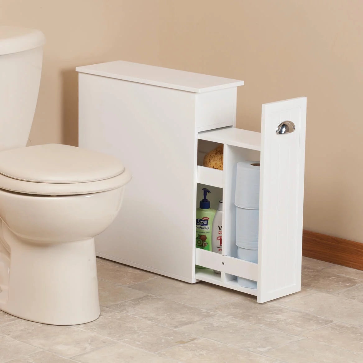 White Slim Bathroom Storage Cabinet with Slide-Out Shelf W3421