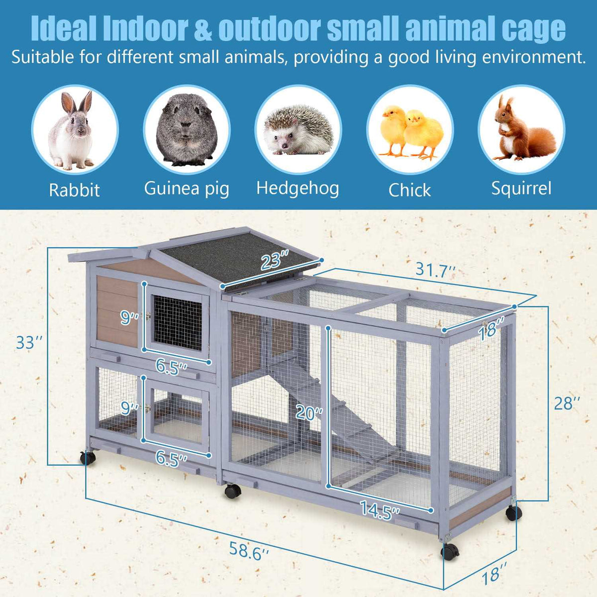 Wood Rabbit Hutch with Wheels & Waterproof Roof Q36582