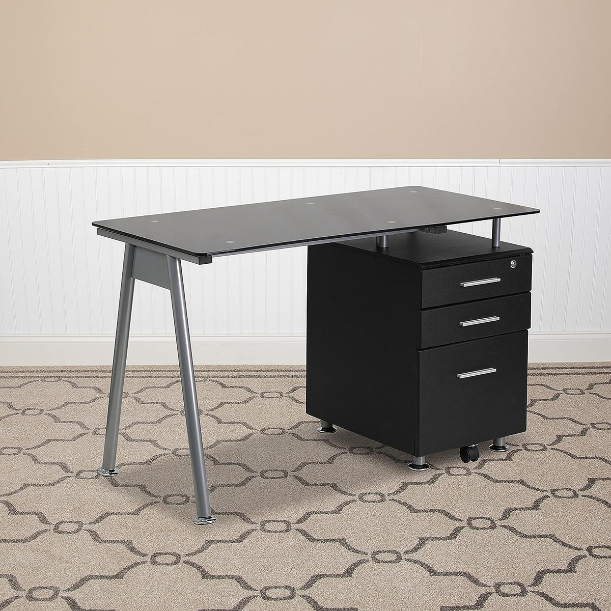 Black Glass Computer Desk with Three Drawer Pedestal Y561106