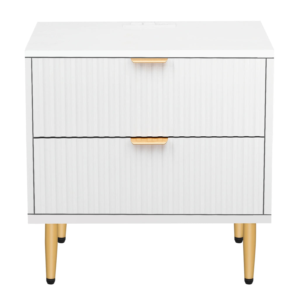 Modern Wood Fluted Nightstand Set of 2 with Charging Station White L853598
