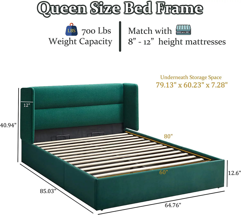 Queen Size Green Linen Upholstered Storage Bed X964774