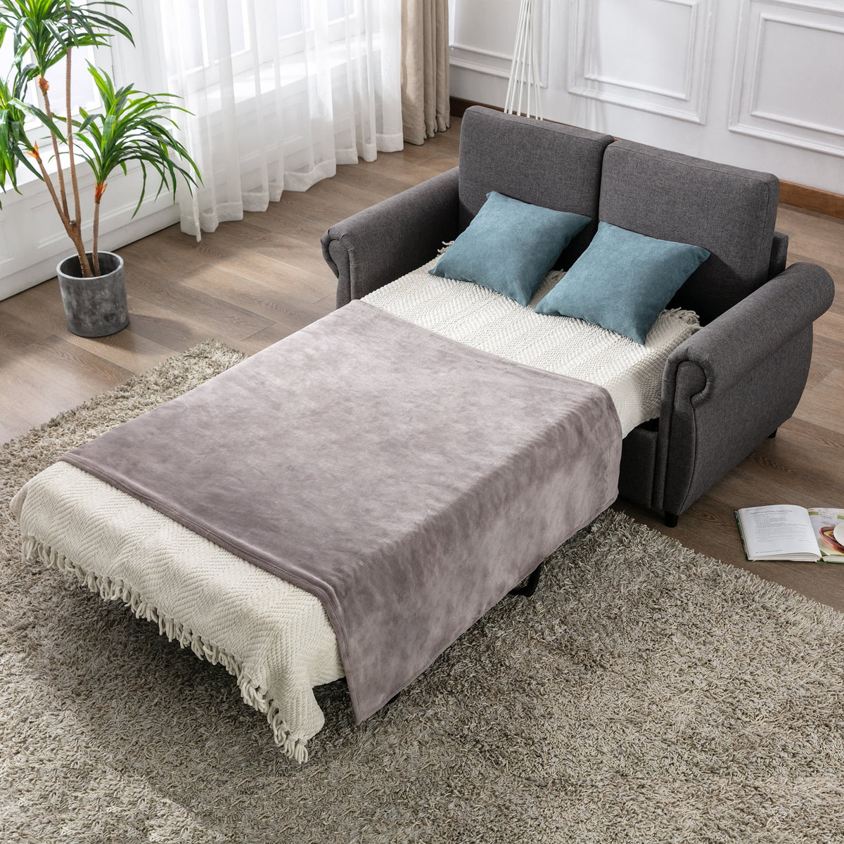 57.5" Gray Pull Out Sofa Bed with Twin Size Memory Mattress A19612