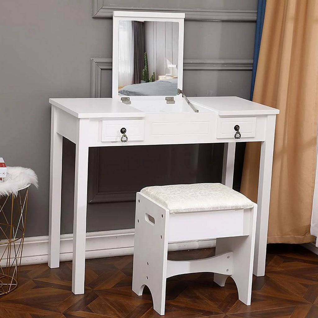 Flip-top Mirror Vanity Set with 2 Drawers and Stool, White E8503