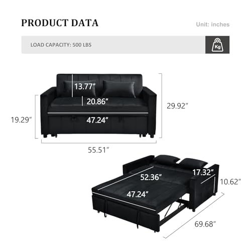 Black Velvet Convertible Sleeper Sofa Bed A349311