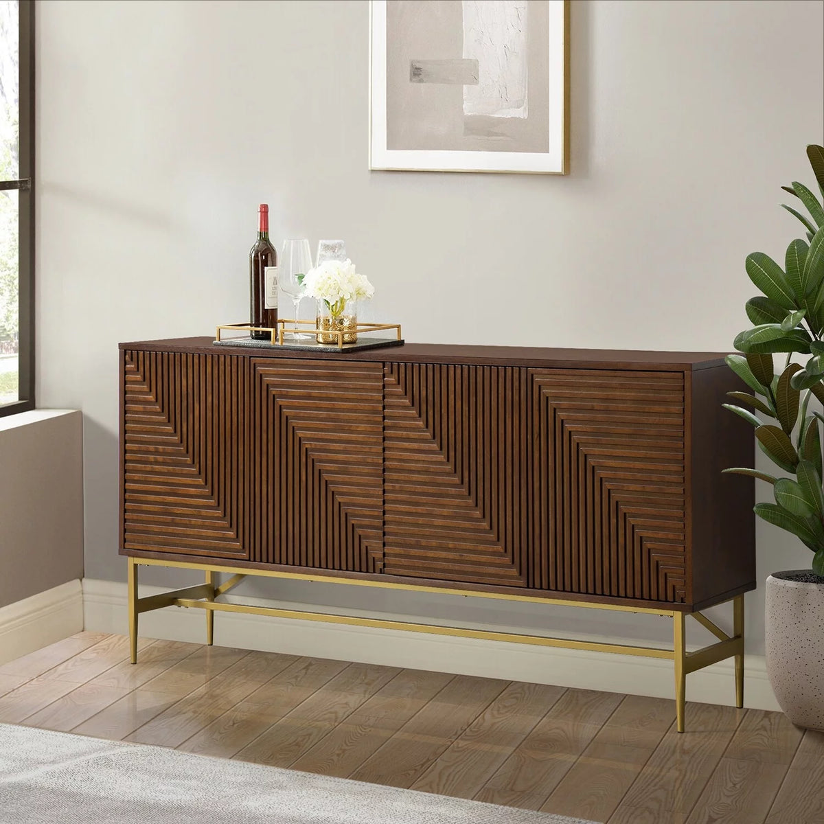 Walnut Kitchen Buffet Sideboard with Metal Legs J84242