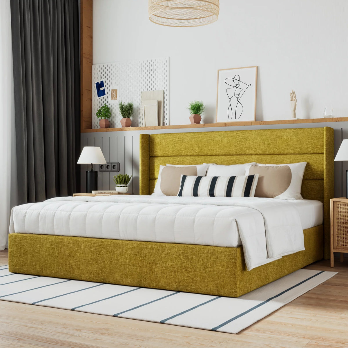 Beige Queen Size Lift Up Platform Bed Frame with Headboard B4458