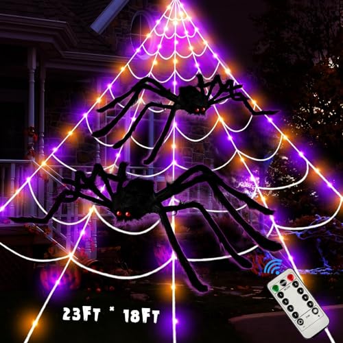 23Ft Orange and Purple LED Light Up Giant Spider Web Halloween Decorations W378