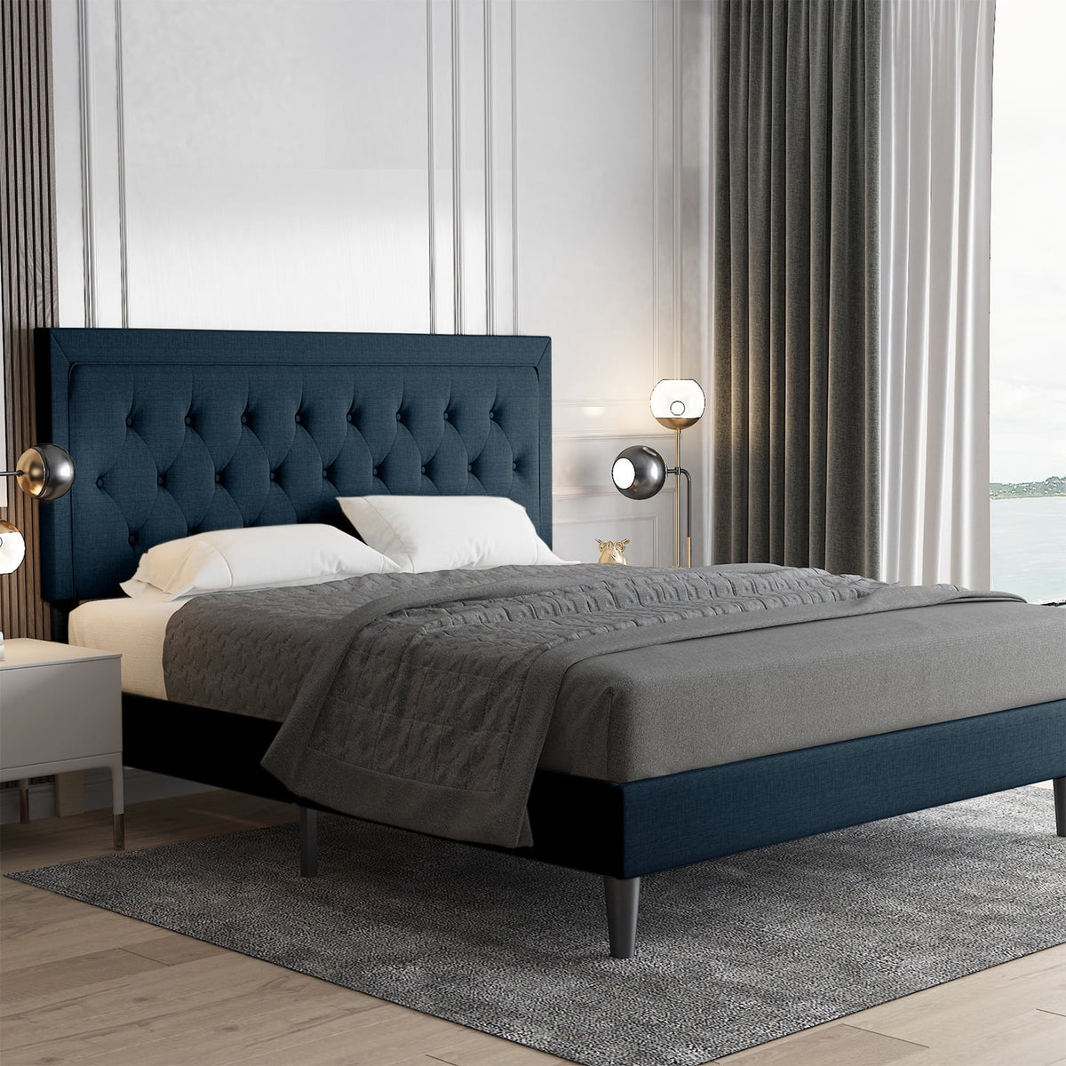 Queen Size Upholstered Platform Bed with Adjustable Headboard P76867
