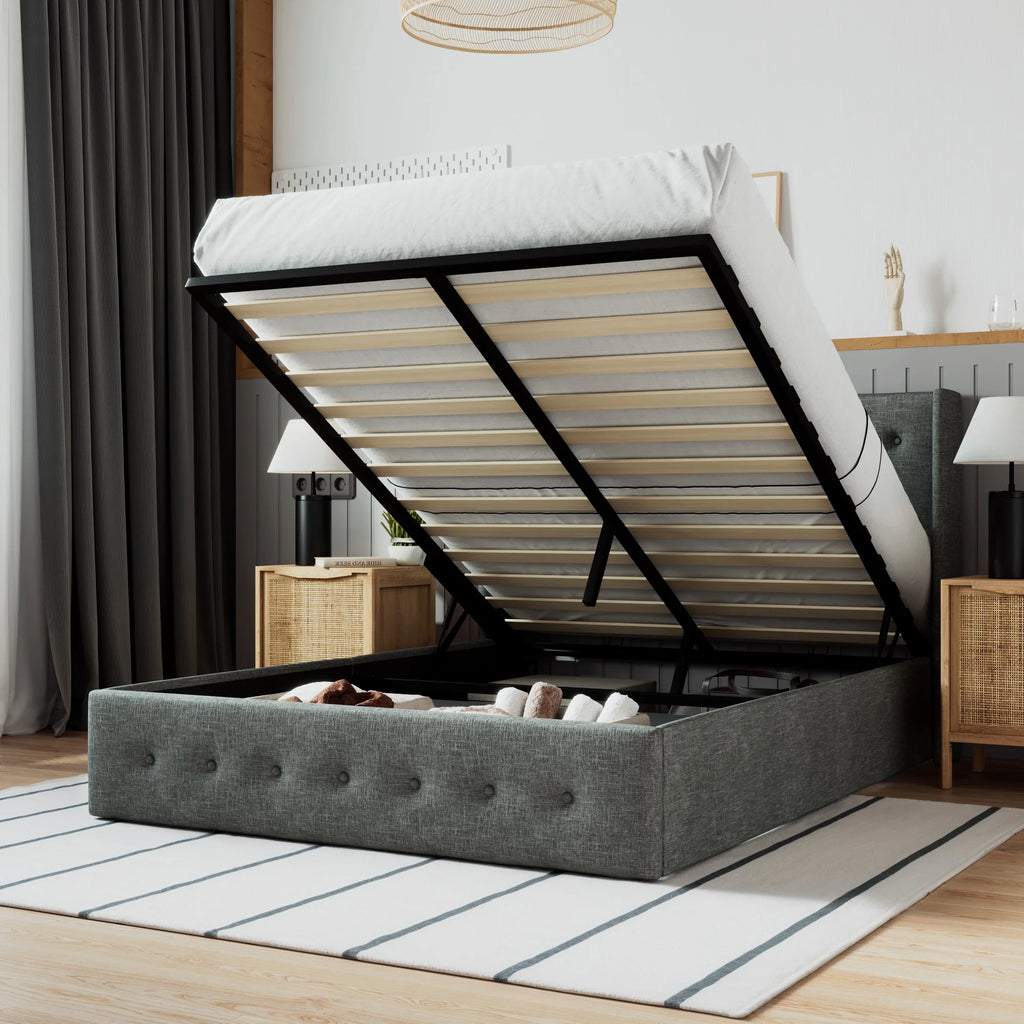 Beige Queen Size Lift Up Platform Bed Frame with Headboard B4458