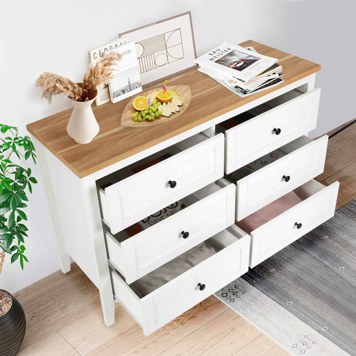 White 6 Drawer Wood Dresser with Metal Knobs E2913