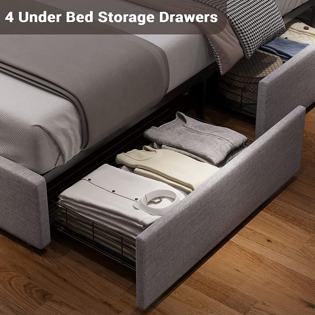 Queen Bed Frame with LED Lights Headboard, 4 Drawers, 2 USB Charging Station, Dark Gray B171
