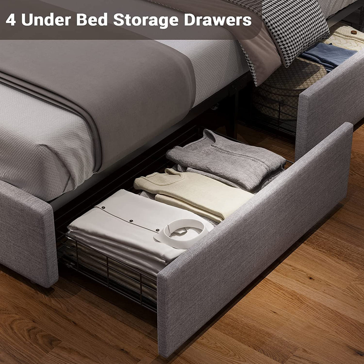 Queen Bed Frame with LED Lights Headboard, 4 Drawers, 2 USB Charging Station, Dark Gray B171