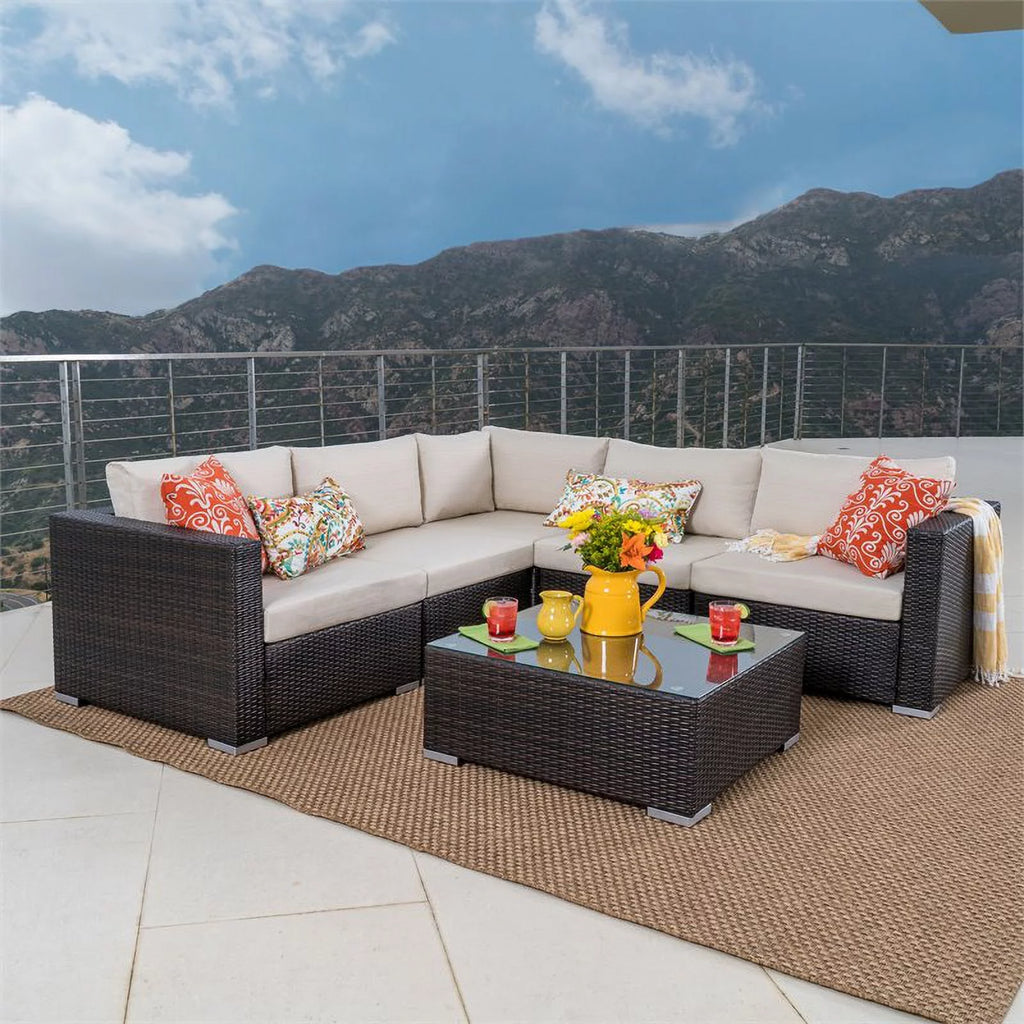 Multibrown Wicker 5 Seater Sectional Sofa Set with Beige Cushions U732021