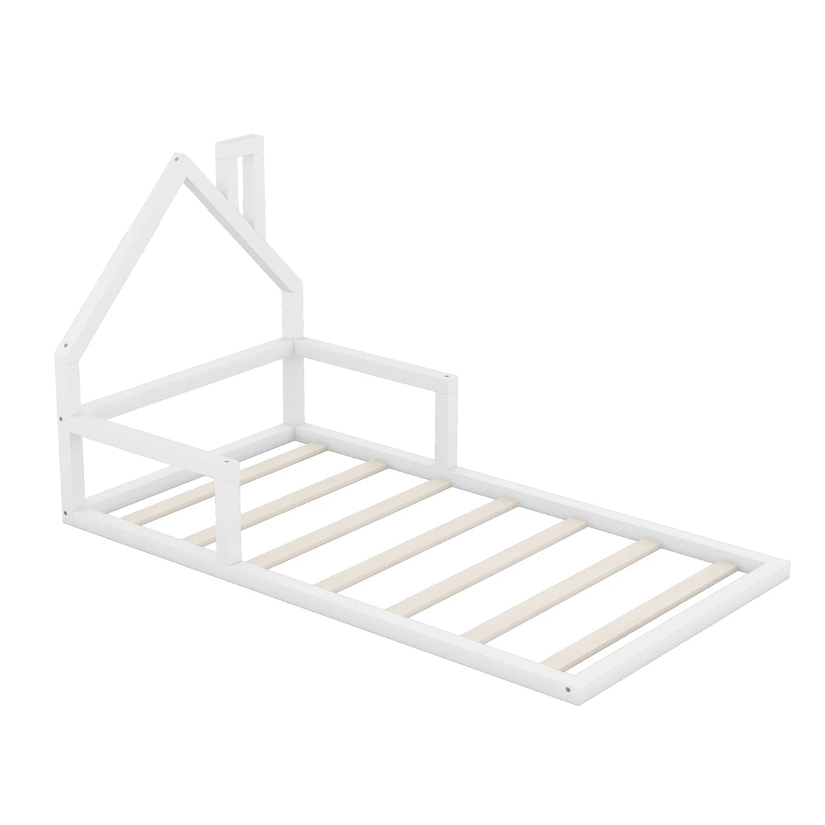 White Twin Size Wood Floor Bed with House-shaped Headboard P1307
