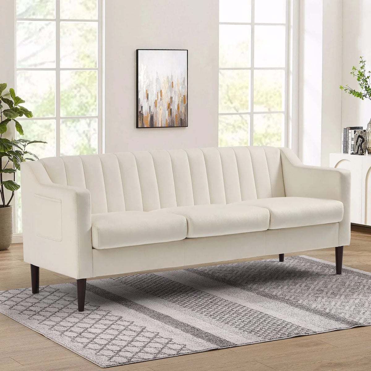 Velvet Upholstered Chesterfield Sofa with Wooden Legs S543265