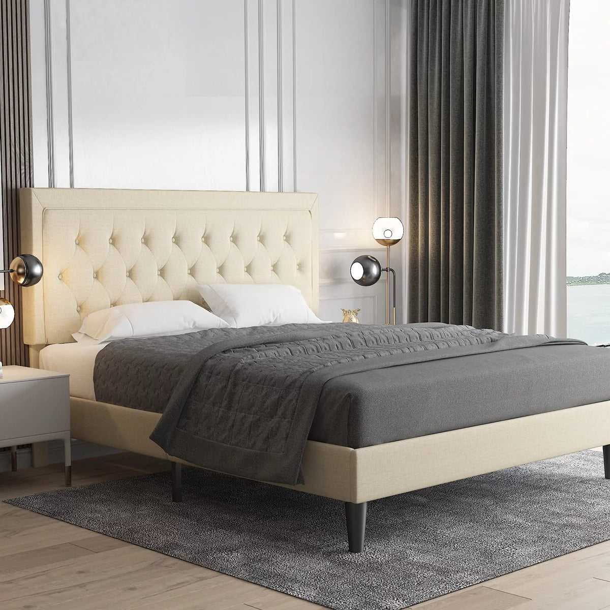 Queen Size Upholstered Platform Bed with Adjustable Headboard P76867