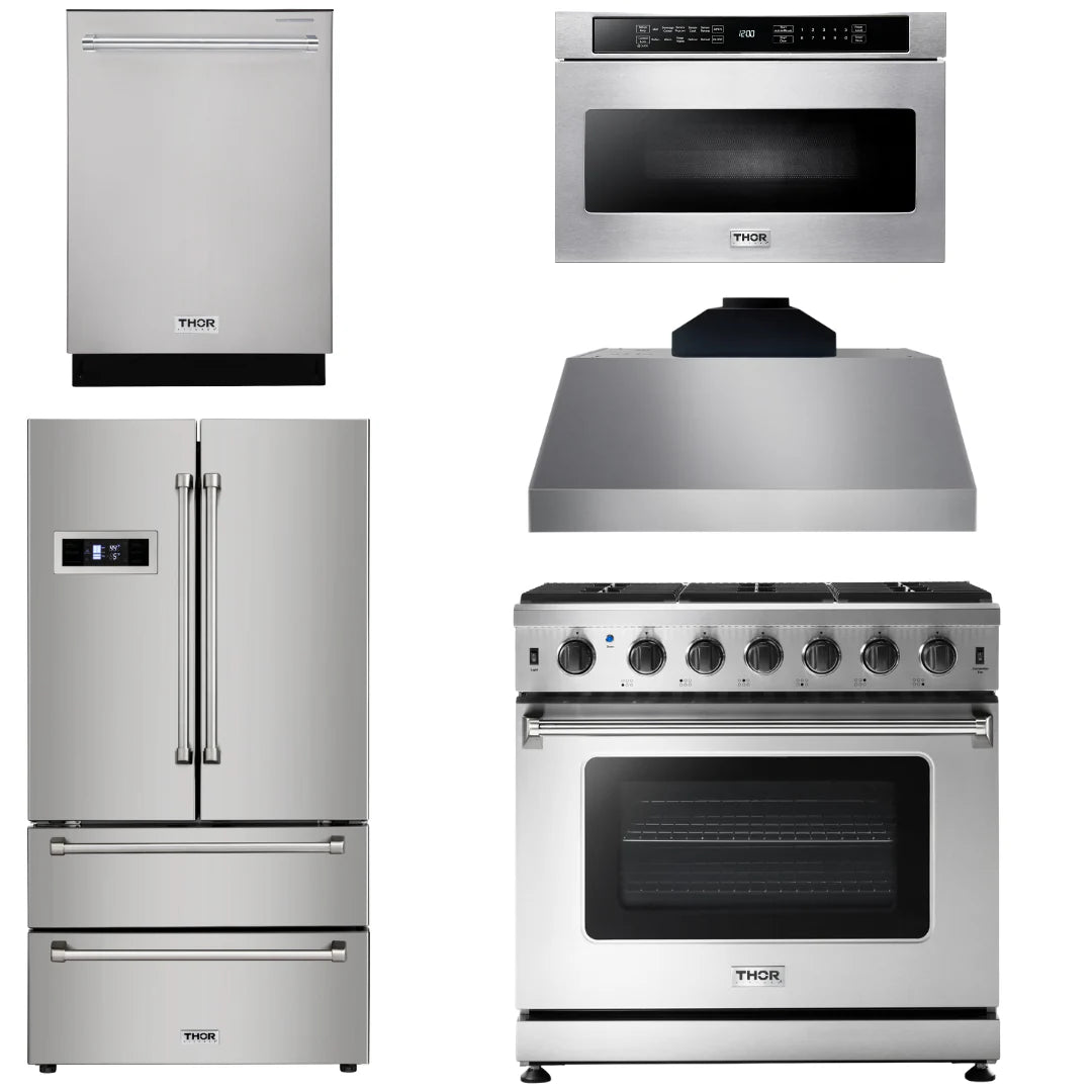 36 Propane Gas Range, Range Hood, Microwave, Refrigerator, Dishwasher K8369