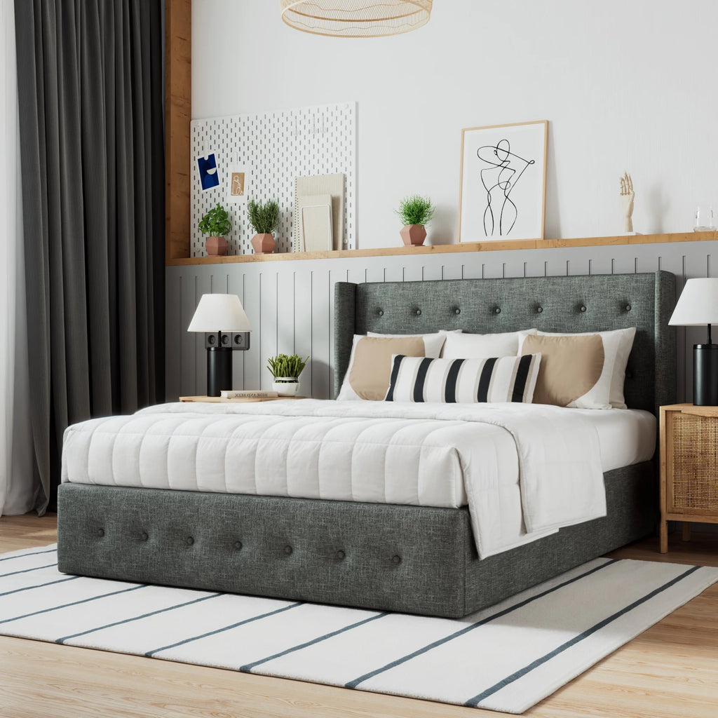 Beige Queen Size Lift Up Platform Bed Frame with Headboard B4458