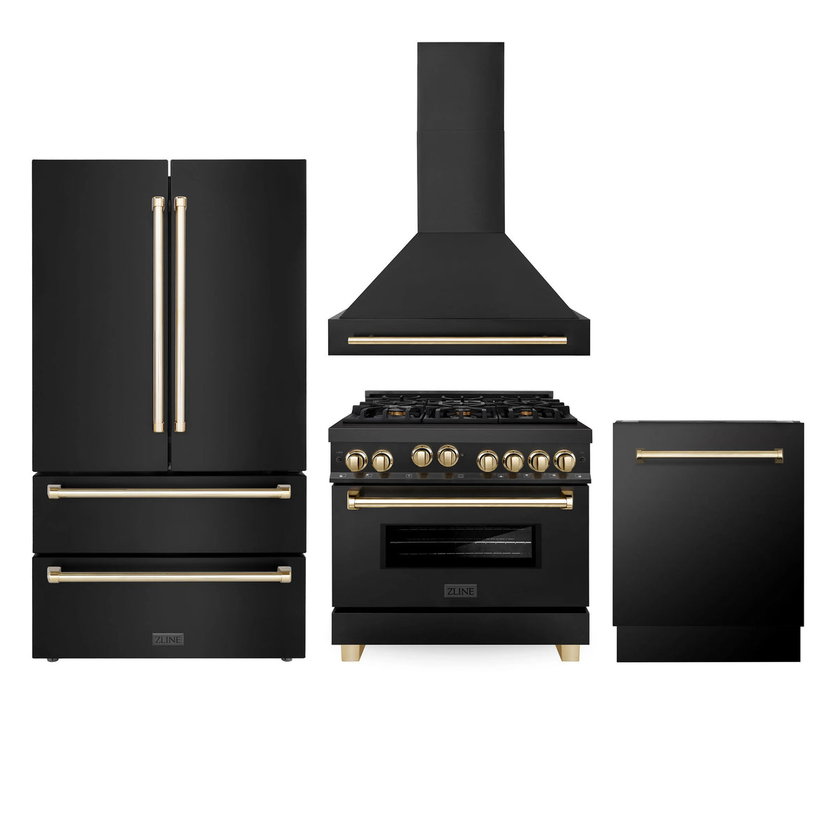 36 In. Gas Range, Range Hood, Refrigerator, and Dishwasher in Black Stainless Steel F7057