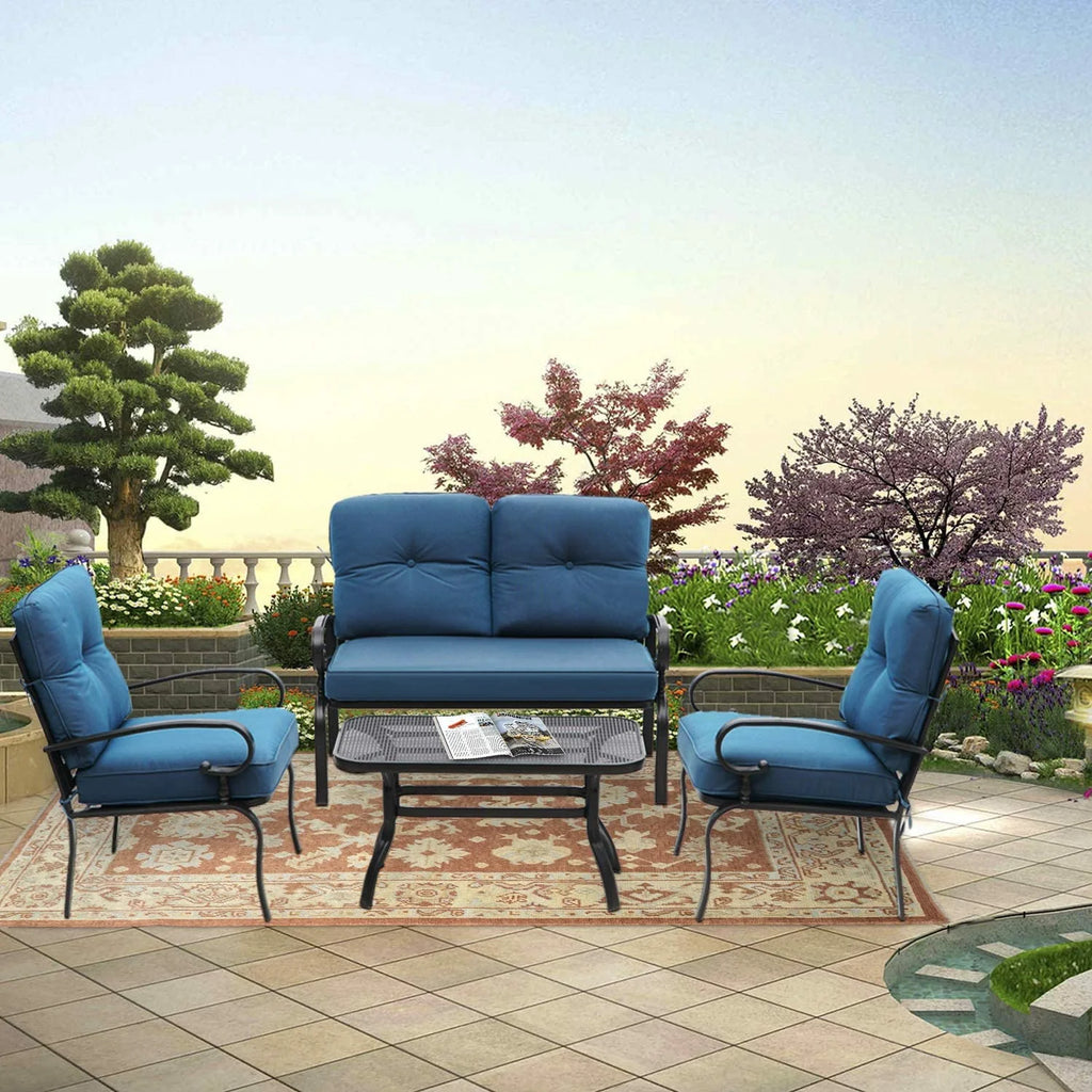 4-Piece Outdoor Furniture Conversation Set with Peacock Blue Cushions T62564